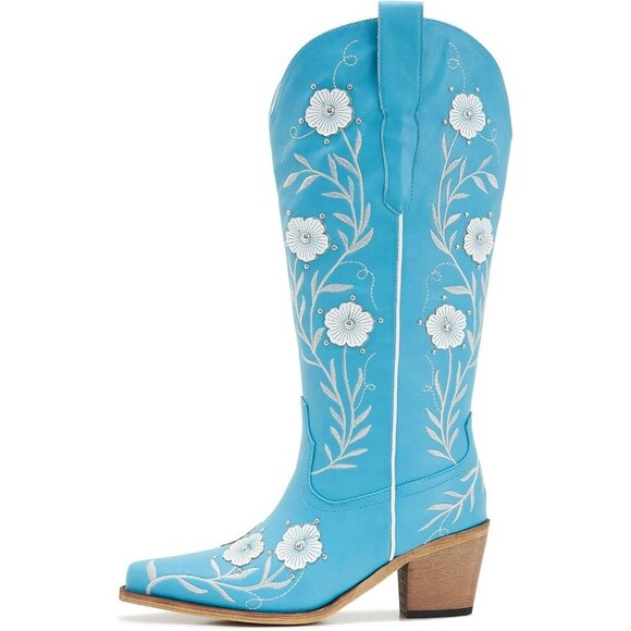 Women’s Turquoise Wide Calf Embroidered Cowgirl Western Knee High Pull On Boots - Picture 2 of 7